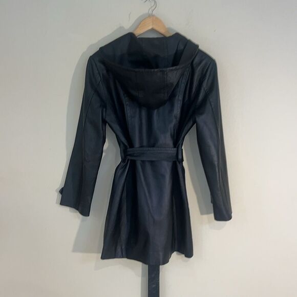 Y2K Long Leather Black Belted Jacket Rare Hoodie Trench Coat M - Picture 6 of 15
